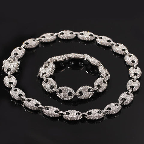 Hip Hop Full Rhinestones Paved Bling Iced Out Coffee Beans Marine Link Chain