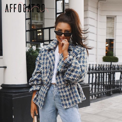 Affogatoo Casual loose women plaid tweed jacket coats