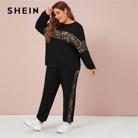 SHEIN Plus Size Black Leopard Panel Sweatshirt and Joggers Set