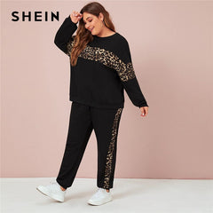 SHEIN Plus Size Black Leopard Panel Sweatshirt and Joggers Set