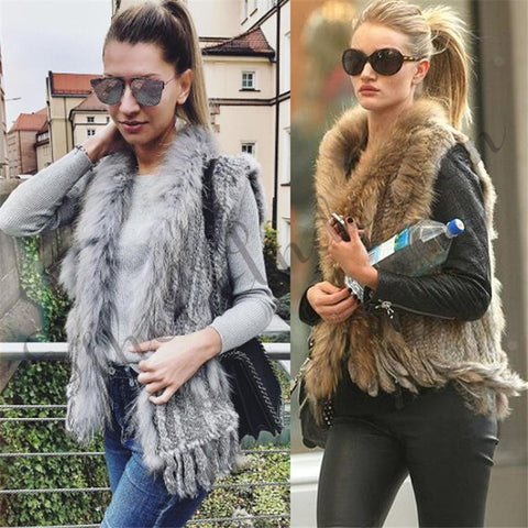 Natural Rabbit Fur Vest With Raccoon Fur Collar Party Waistcoat jackets