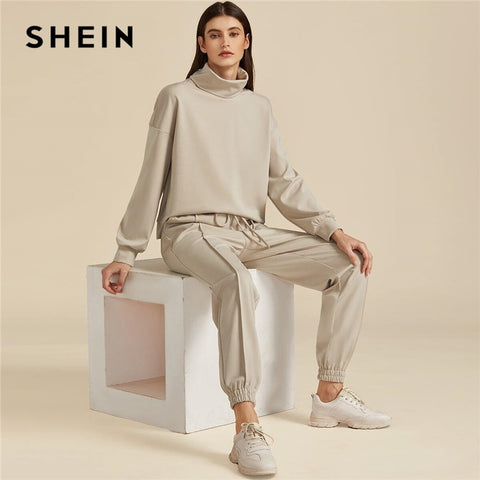 SHEIN Khaki Solid High Neck Sweatshirt And Drawstring Waist Sweatpant
