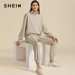 SHEIN Khaki Solid High Neck Sweatshirt And Drawstring Waist Sweatpant