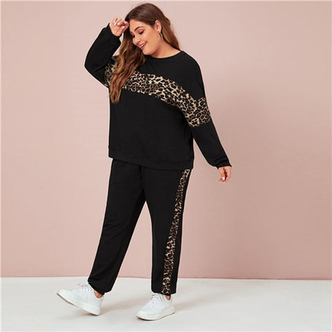 SHEIN Plus Size Black Leopard Panel Sweatshirt and Joggers Set
