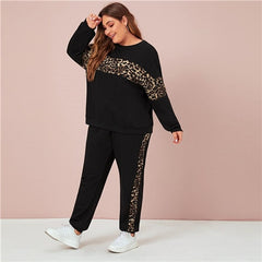 SHEIN Plus Size Black Leopard Panel Sweatshirt and Joggers Set