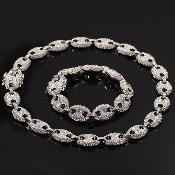 Hip Hop Full Rhinestones Paved Bling Iced Out Coffee Beans Marine Link Chain