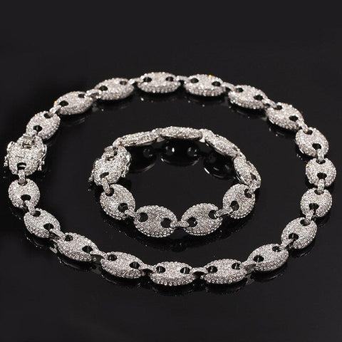 Hip Hop Full Rhinestones Paved Bling Iced Out Coffee Beans Marine Link Chain