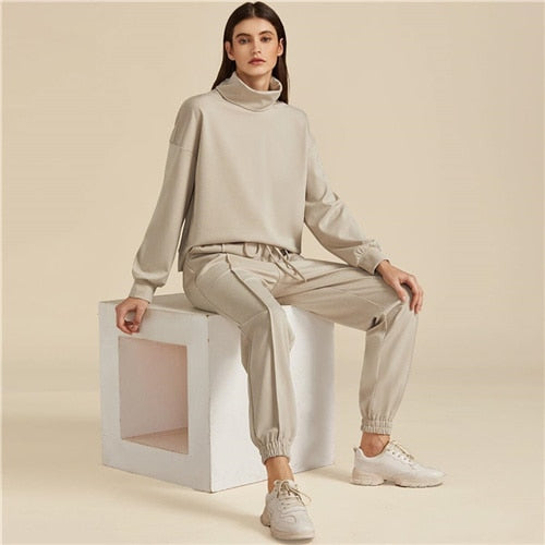 SHEIN Khaki Solid High Neck Sweatshirt And Drawstring Waist Sweatpant