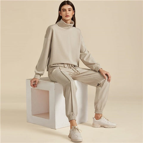 SHEIN Khaki Solid High Neck Sweatshirt And Drawstring Waist Sweatpant