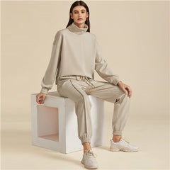 SHEIN Khaki Solid High Neck Sweatshirt And Drawstring Waist Sweatpant