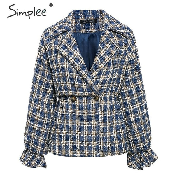 Simplee Elegant women plaid tweed jacket coat