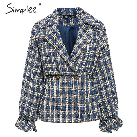 Simplee Elegant women plaid tweed jacket coat