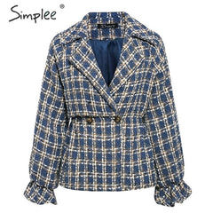 Simplee Elegant women plaid tweed jacket coat