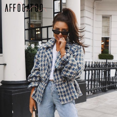 Affogatoo Casual loose women plaid tweed jacket coats