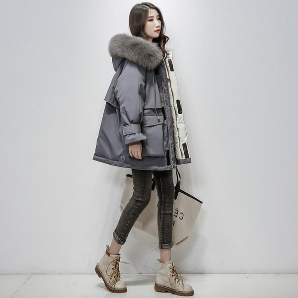 Fitaylor Large Natural Fox Fur Hooded Winter Jacket