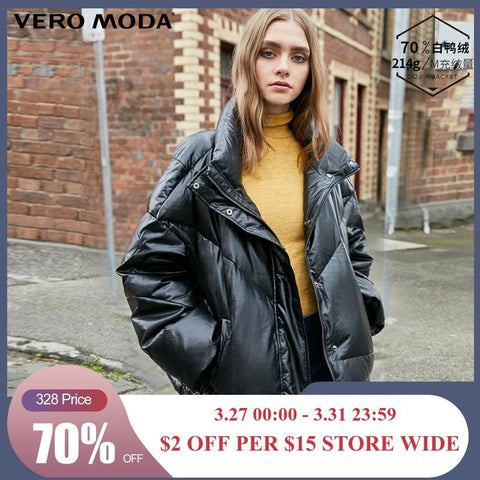 Vero Moda New Women's PU Fabric Orange Stand-up Collar Down Jacket