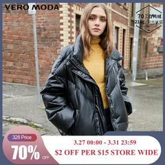 Vero Moda New Women's PU Fabric Orange Stand-up Collar Down Jacket