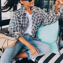 Simplee Elegant women plaid tweed jacket coat